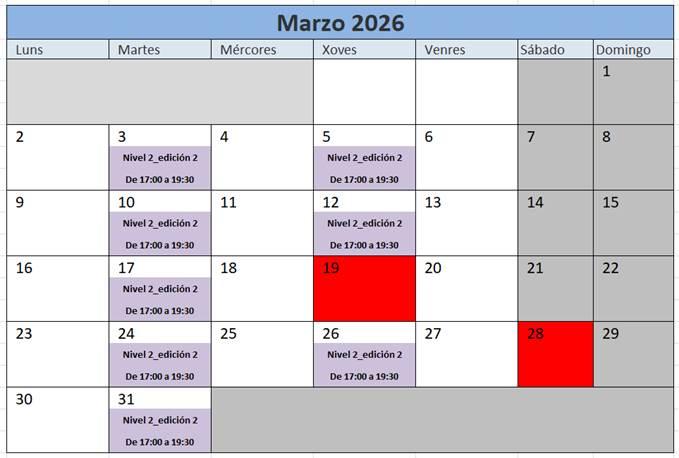 Calendario do curso